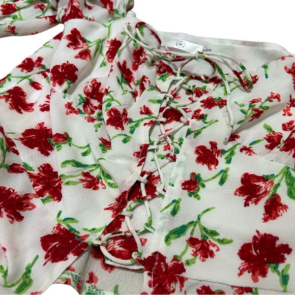 Missguided White Floral Long Sleeve Shirt Tie Up Front and Puff Sleeves - Picture 5 of 5